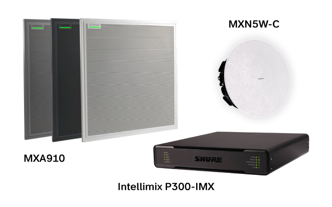Фото: потолочный микрофонный массив MXA910, сетевой динамик MXN5W-C , Процессор Intellimix P300