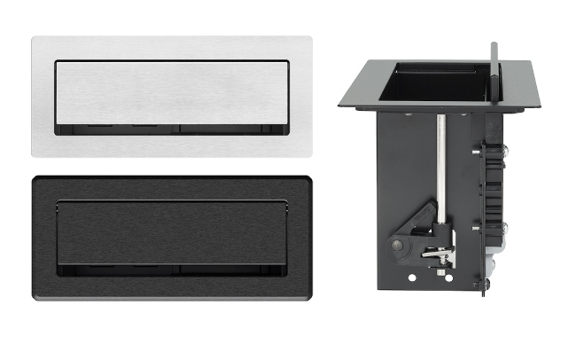 Глубина этого узкого лючка на 51 мм меньше, чем у предыдущей модели, что делает его наиболее оптимальным для использования на столах для совещаний и работы, подиумах или других рабочих поверхностях с ограниченным свободным местом