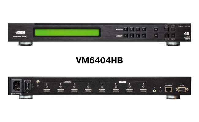 Матричный коммутатор-масштабатор ATEN VM6404HB. Виды передней и задней панелей Матричный коммутатор-масштабатор ATEN VM6404HB. Виды передней и задней панелей