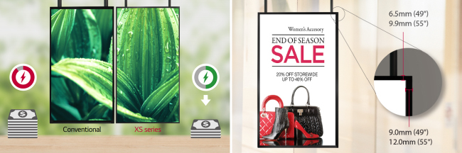 Дисплеи новой серии xs4f не только долговечны при усиленном режиме работы 24/7, но и экономически выгодны при эксплуатации. С панелью М+ энергосбережение обеспечивается на 30% выше, чем у моделей ранних серий. | С более тонкой рамкой дисплеи стали еще эстетичней смотреться в витринах магазинов.